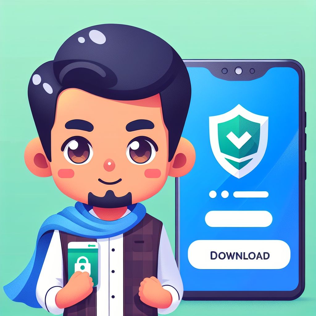 Cartoon character holding a smartphone with BGD111 app screen, download arrow and shield icons
