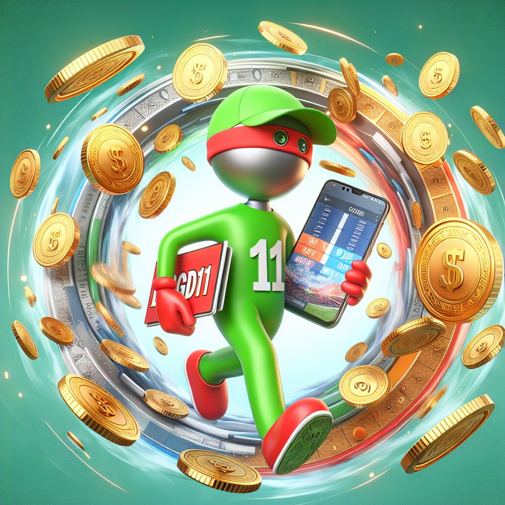 BGD111 themed cartoon character holding a betting slip with coins and a phone