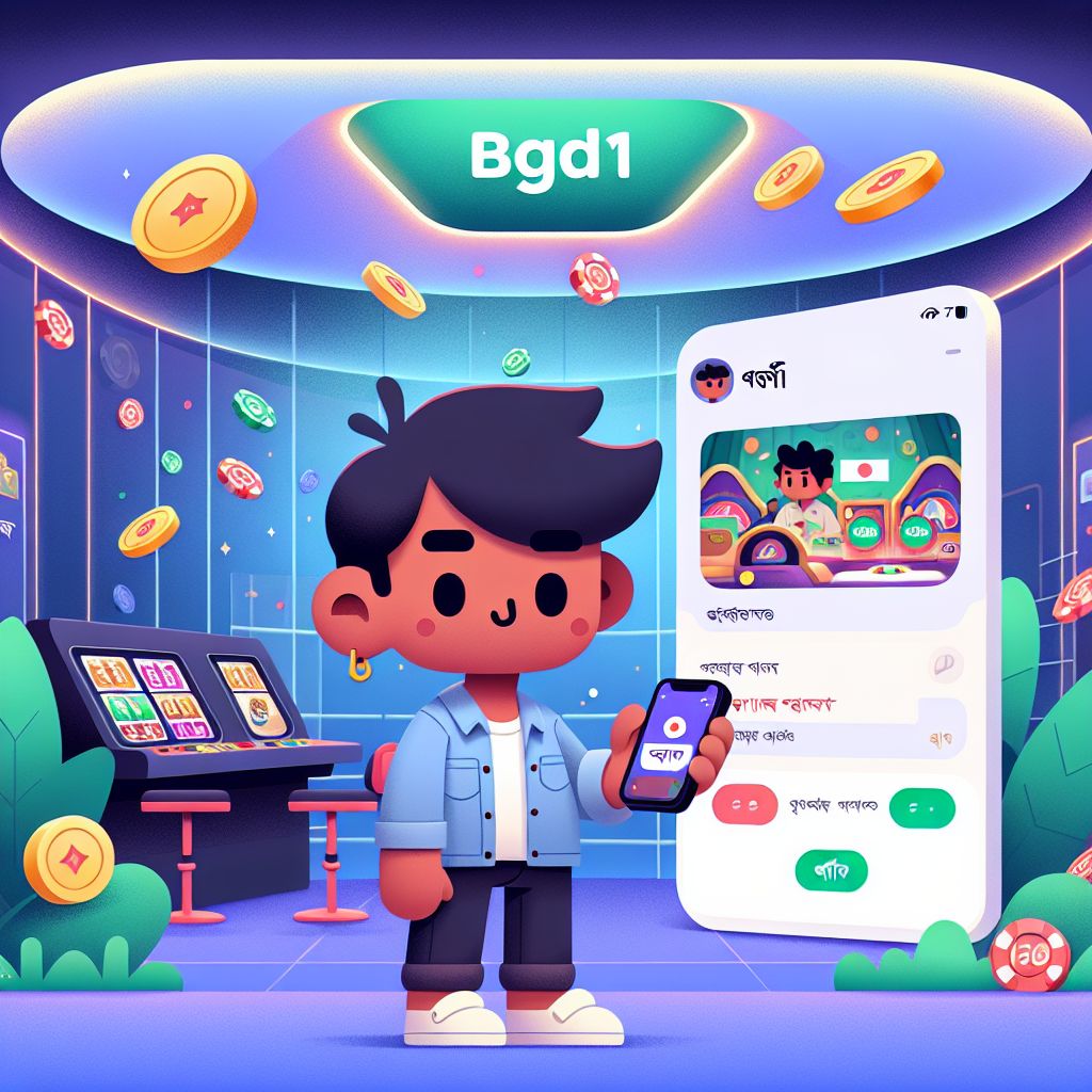 BGD111 casino cartoon character holding chips and a phone in a colorful gaming lobby