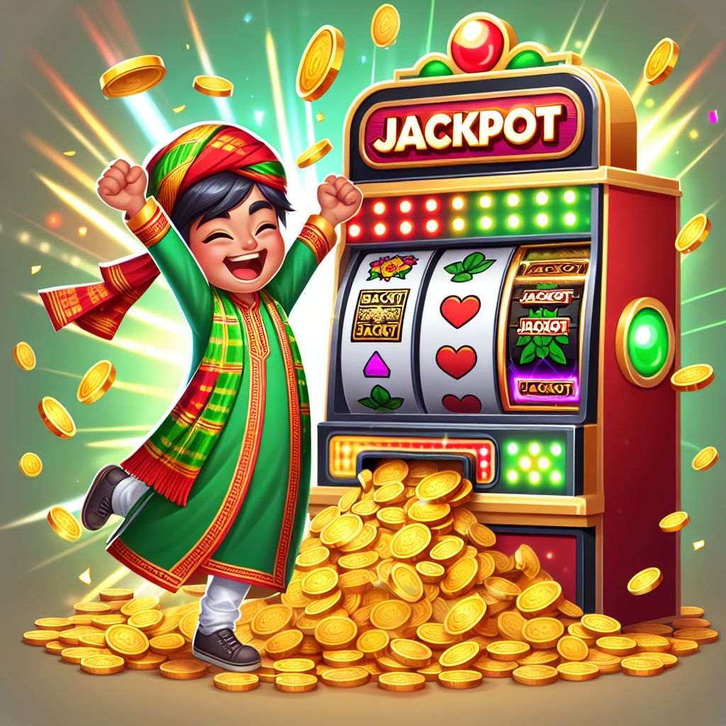 BGD111 slots cartoon hero character holding coins beside a colorful slot machine